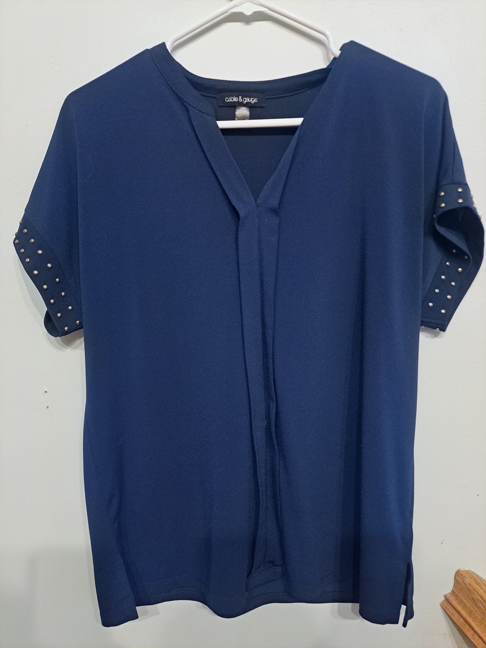 Cable & Gauge Navy Short-Sleeve V-Neck Top with Stud Detail